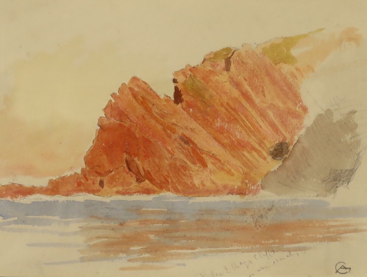 Albert Goodwin RWS (1845–1932), watercolour and pencil, Cliffs and beach, probably near Ilfracombe, North Devon, inscribed and monogrammed, 13.5 x 18cm